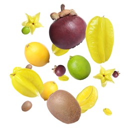 Image of Different tasty exotic fruits flying on white background