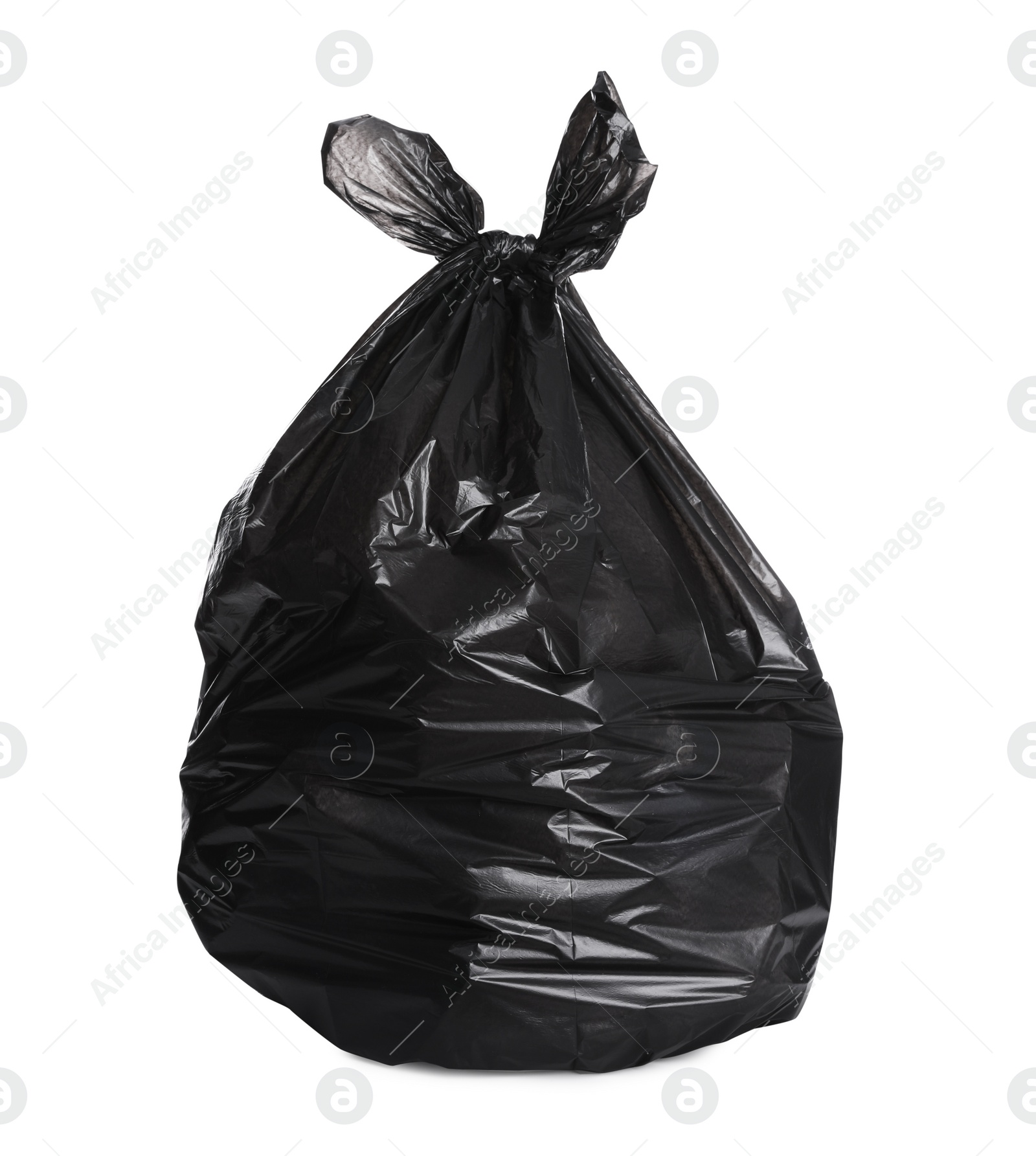 Photo of Full black garbage bag isolated on white. Rubbish recycling
