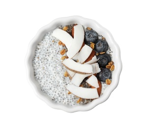 Photo of Bowl of tasty chia seed pudding with coconut, granola and blueberries on white background, top view