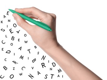 Image of Woman writing letters and they flying away on white background, closeup