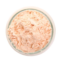 Photo of Lentil flour in glass jar isolated on white, top view