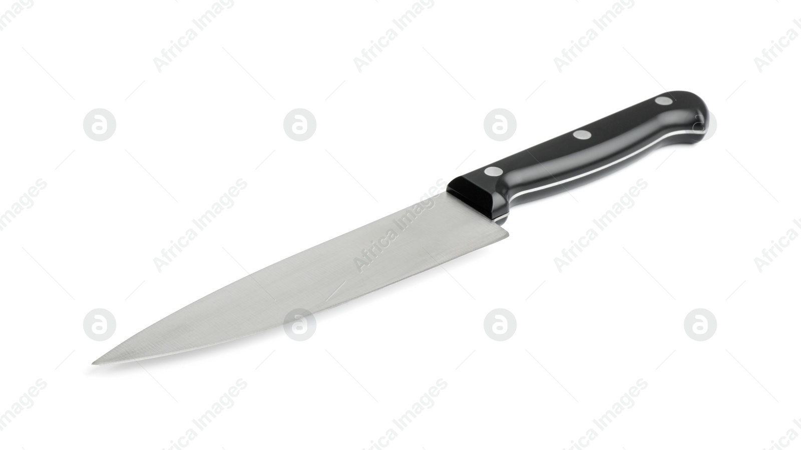 Photo of One sharp knife with black handle isolated on white