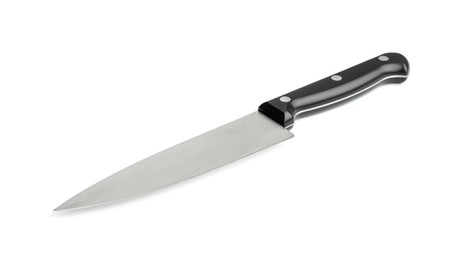 Photo of One sharp knife with black handle isolated on white