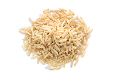Photo of Pile of brown rice on white background, top view