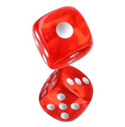 Image of Two red dice in air on white background