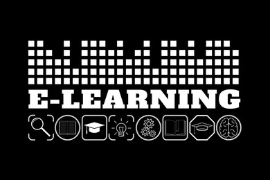 Image of E-learning. Word and icons on black background