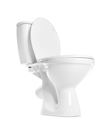 Photo of New ceramic toilet bowl on white background