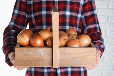 Photo of Woman holding wooden crate with ripe onions against white brick wall, closeup