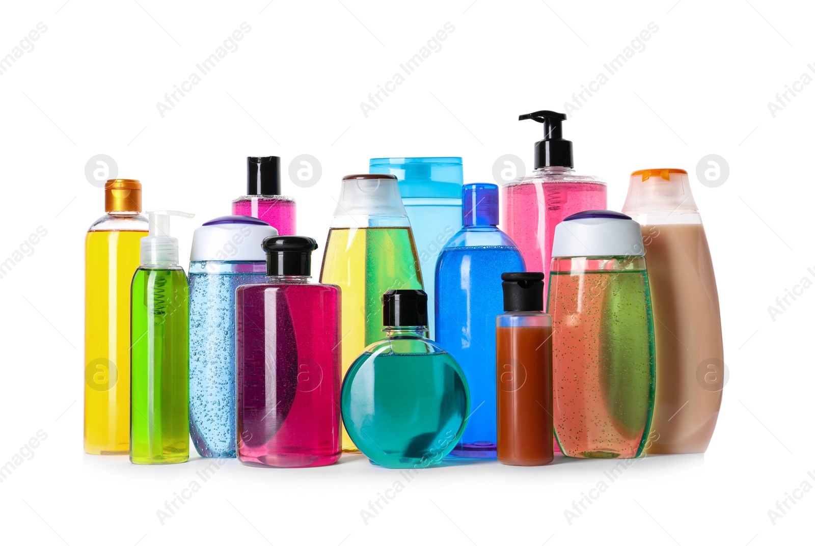 Photo of Bottles of different personal hygiene products on white background