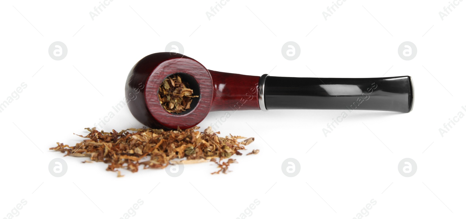 Photo of Classic smoking pipe with tobacco on white background