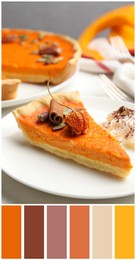 Image of Palette of autumn colors and delicious homemade pumpkin pie on plate, closeup