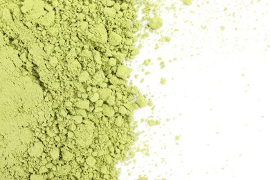 Photo of Pile of green matcha powder on white background, top view