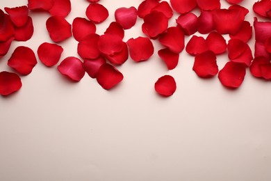 Photo of Beautiful red rose flower petals on beige background, flat lay. Space for text