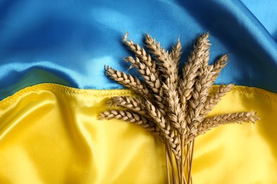 Photo of Ears of wheat on Ukrainian national flag, flat lay. Space for text