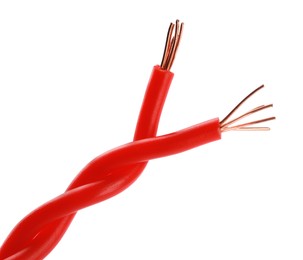Photo of New red electrical wires on white background