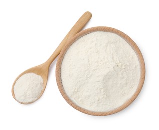 Photo of Baking powder in bowl and spoon isolated on white, top view