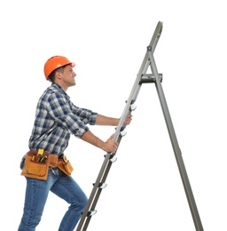Photo of Professional builder climbing up metal ladder on white background
