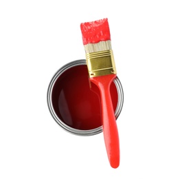Photo of Paint can and brush on white background, top view