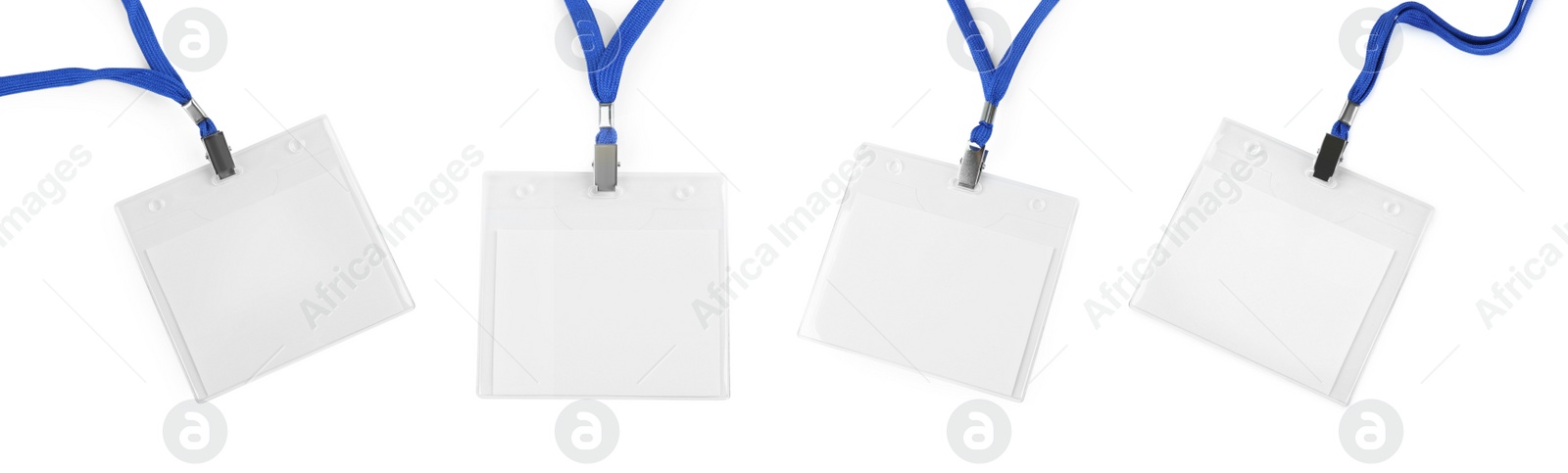 Image of Set with blank badges on white background, banner design. Mockup for design