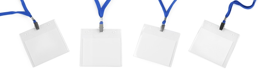 Image of Set with blank badges on white background, banner design. Mockup for design