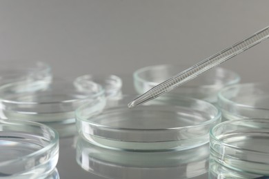 Photo of Pipette over petri dish on mirror surface, closeup
