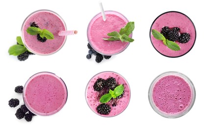 Image of Set with delicious blackberry smoothies on white background, top view