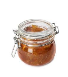 Photo of Tasty apple jam in glass jar isolated on white