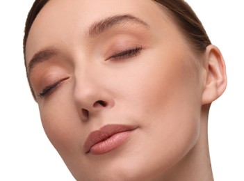 Photo of Beautiful woman with healthy skin on white background, closeup