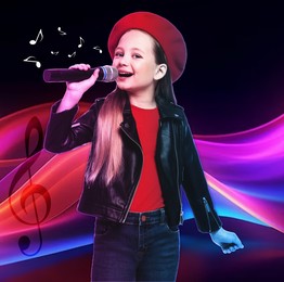 Image of Singer's performance poster. Little girl with microphone on bright background