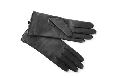 Photo of Stylish black leather gloves on white background, top view