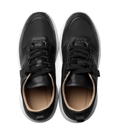 Photo of Pair of stylish shoes on white background, top view