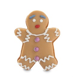 Photo of Gingerbread man isolated on white. Delicious Christmas cookie