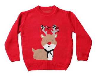 Photo of Red Christmas sweater with reindeer isolated on white, top view