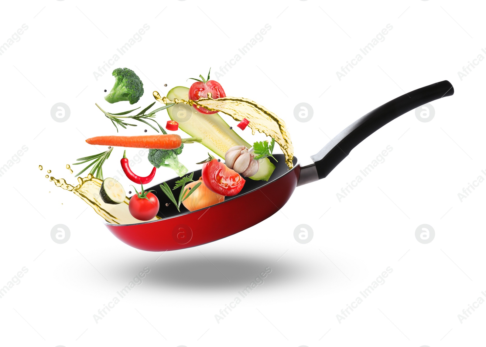 Image of Tasty fresh ingredients and frying pan on white background