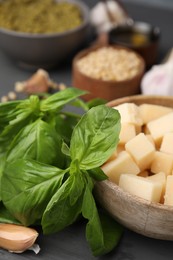 Photo of Different ingredients for cooking tasty pesto sauce on grey table, closeup