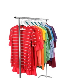 Photo of Wardrobe rack with different colorful clothes on white background