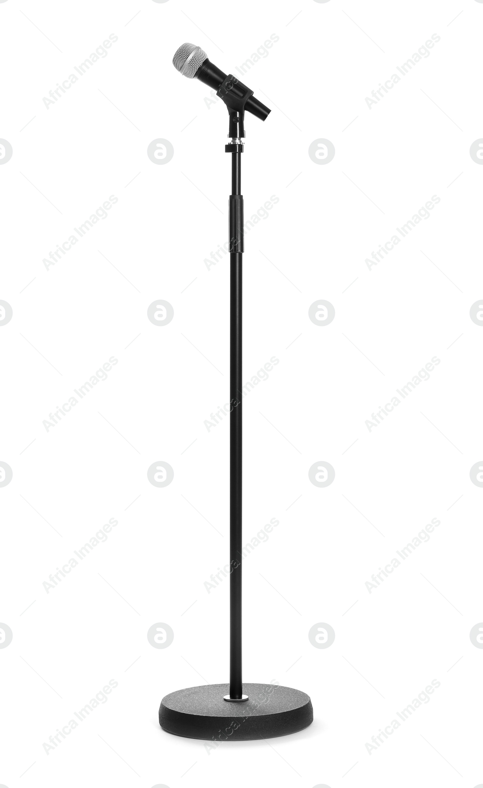 Photo of Stand with modern microphone on white background