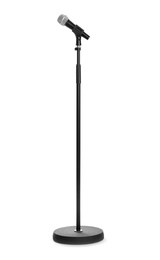 Photo of Stand with modern microphone on white background