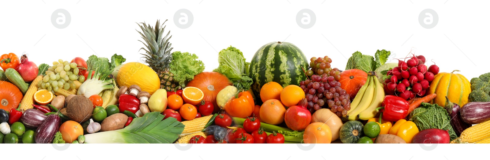 Image of Collection of fresh organic vegetables and fruits on white background. Banner design 