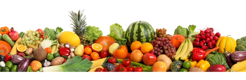 Collection of fresh organic vegetables and fruits on white background. Banner design 