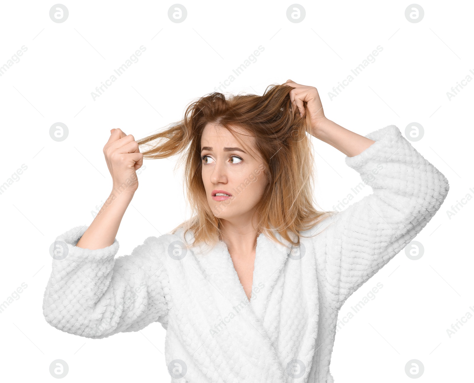 Photo of Young woman with hair loss problem on white background