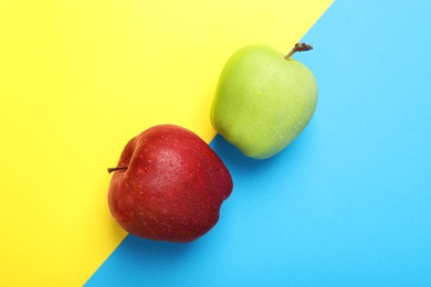 Photo of Ripe red and green apples on color background, flat lay