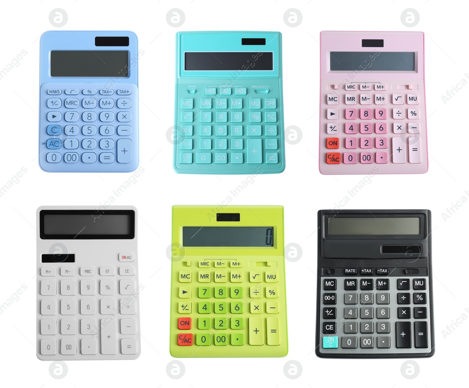 Image of Set of different calculators on white background