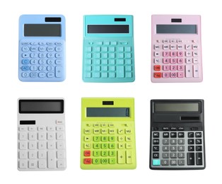 Set of different calculators on white background