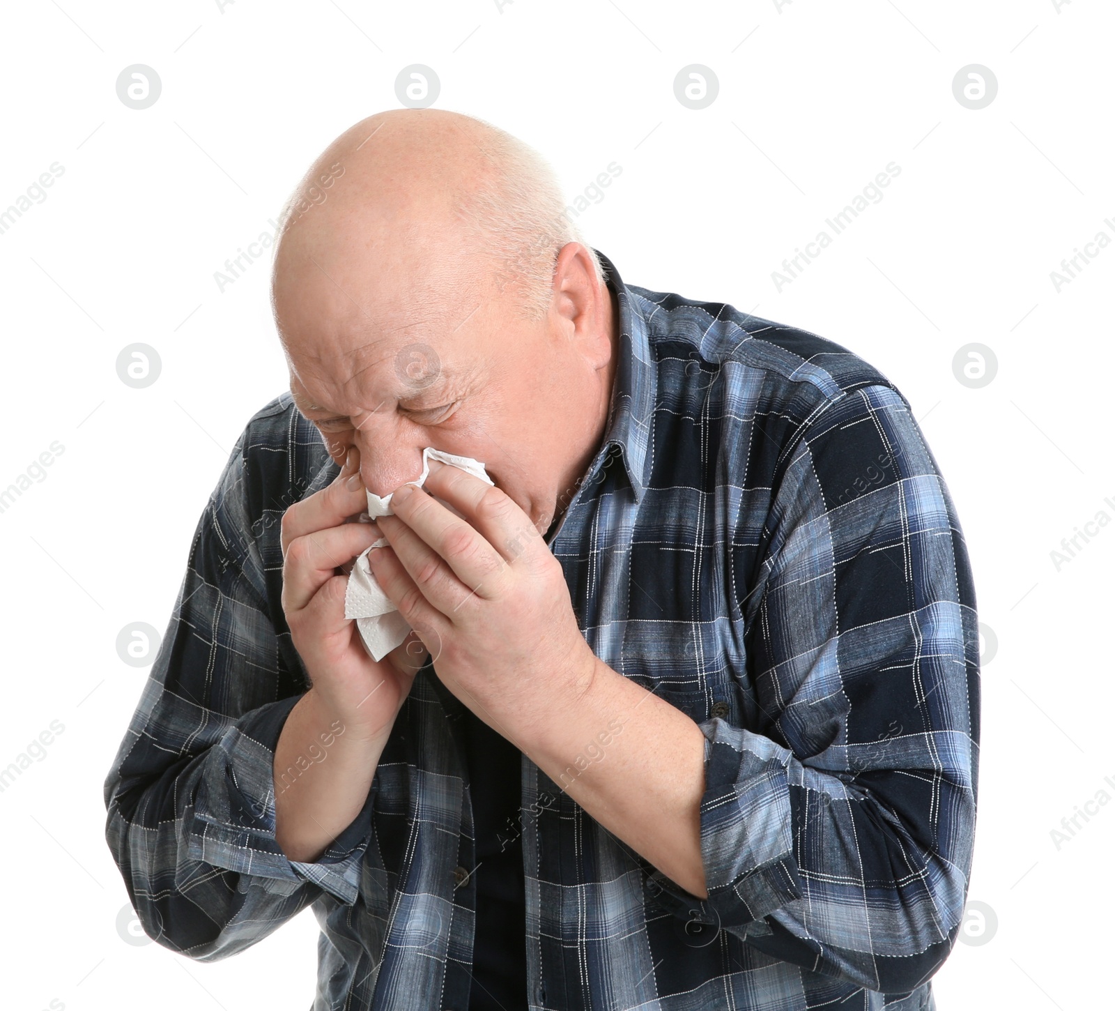 Photo of Senior man suffering from cold on white background