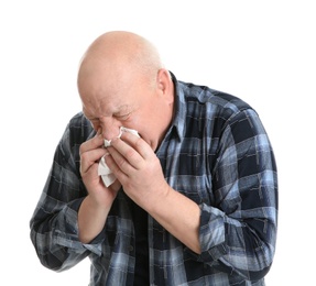 Senior man suffering from cold on white background