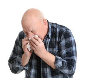 Photo of Senior man suffering from cold on white background