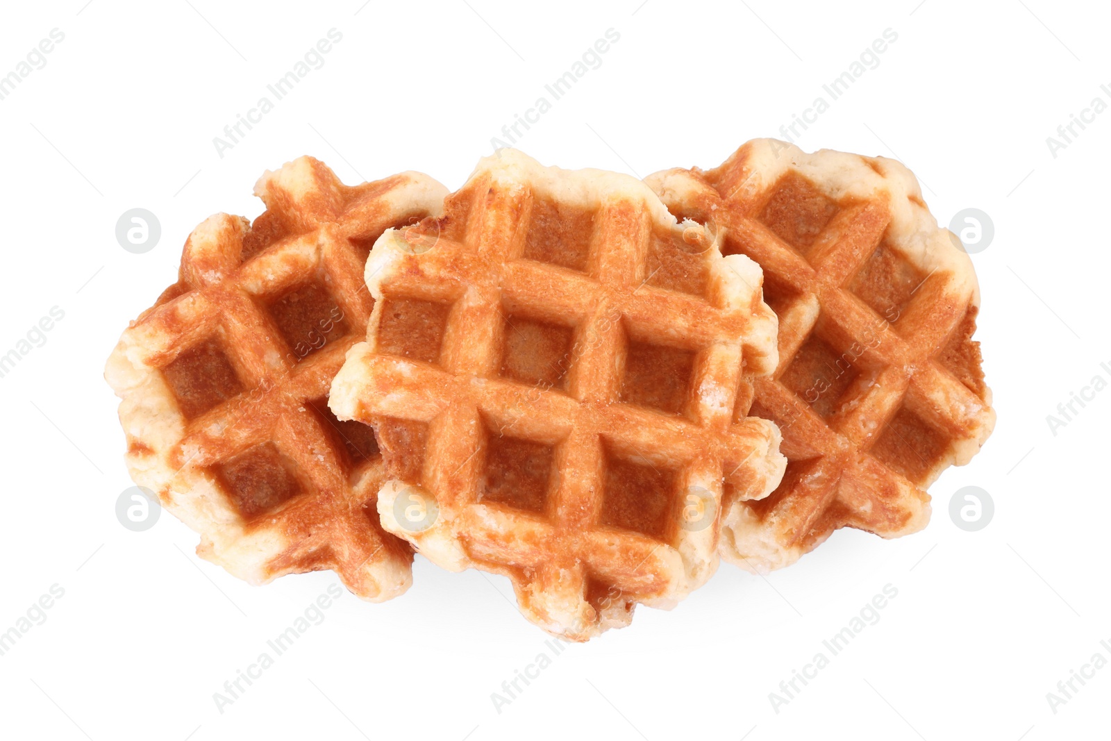 Photo of Many delicious Belgian waffles isolated on white, top view