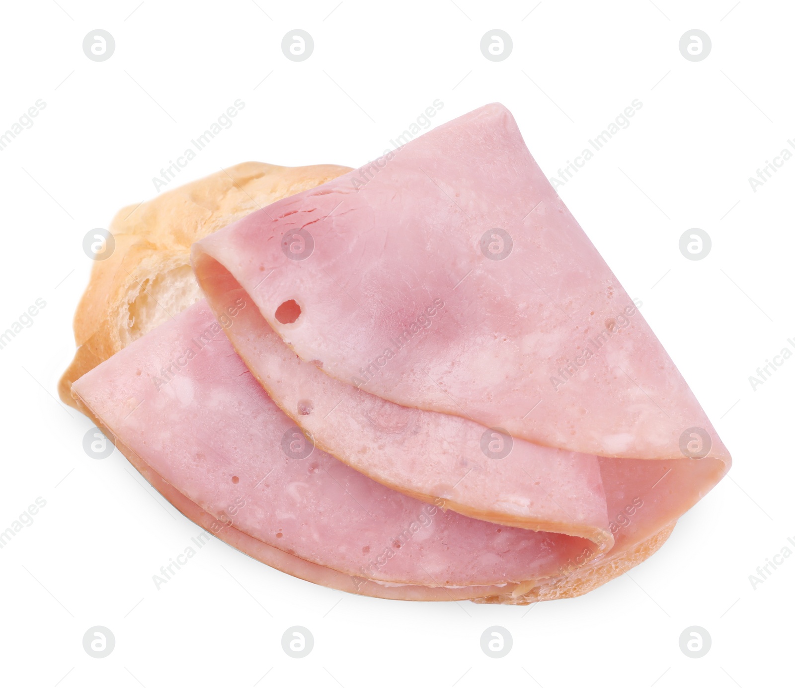 Photo of Piece of bread with tasty ham slice isolated on white, top view