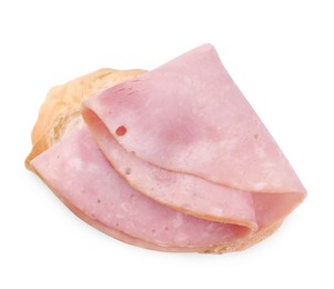 Photo of Piece of bread with tasty ham slice isolated on white, top view